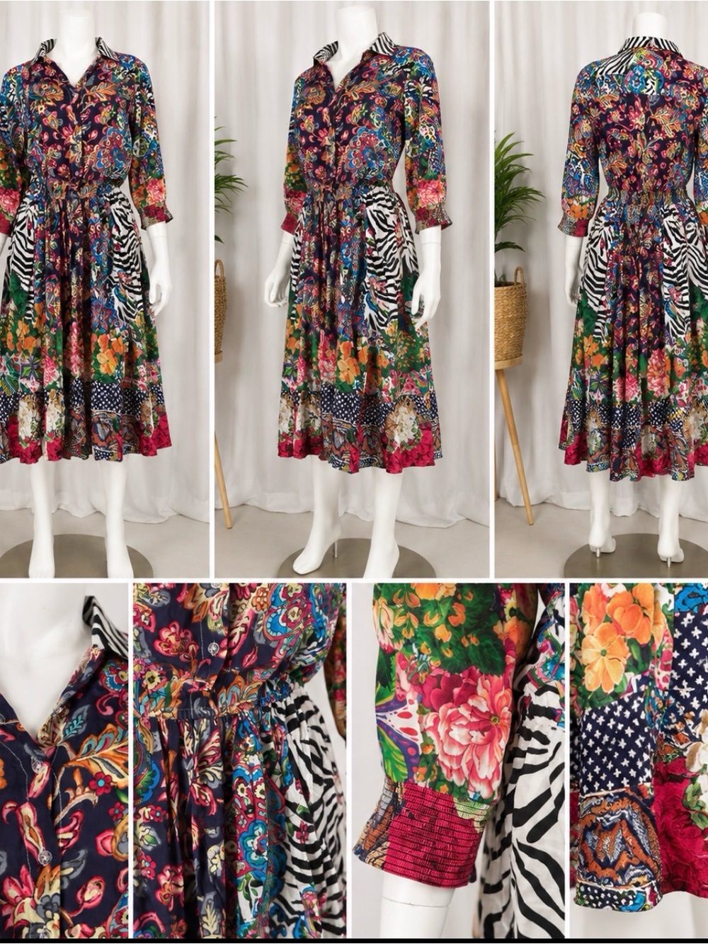 Vibrant Mixed-Print Floral & Zebra Midi Shirt Dress